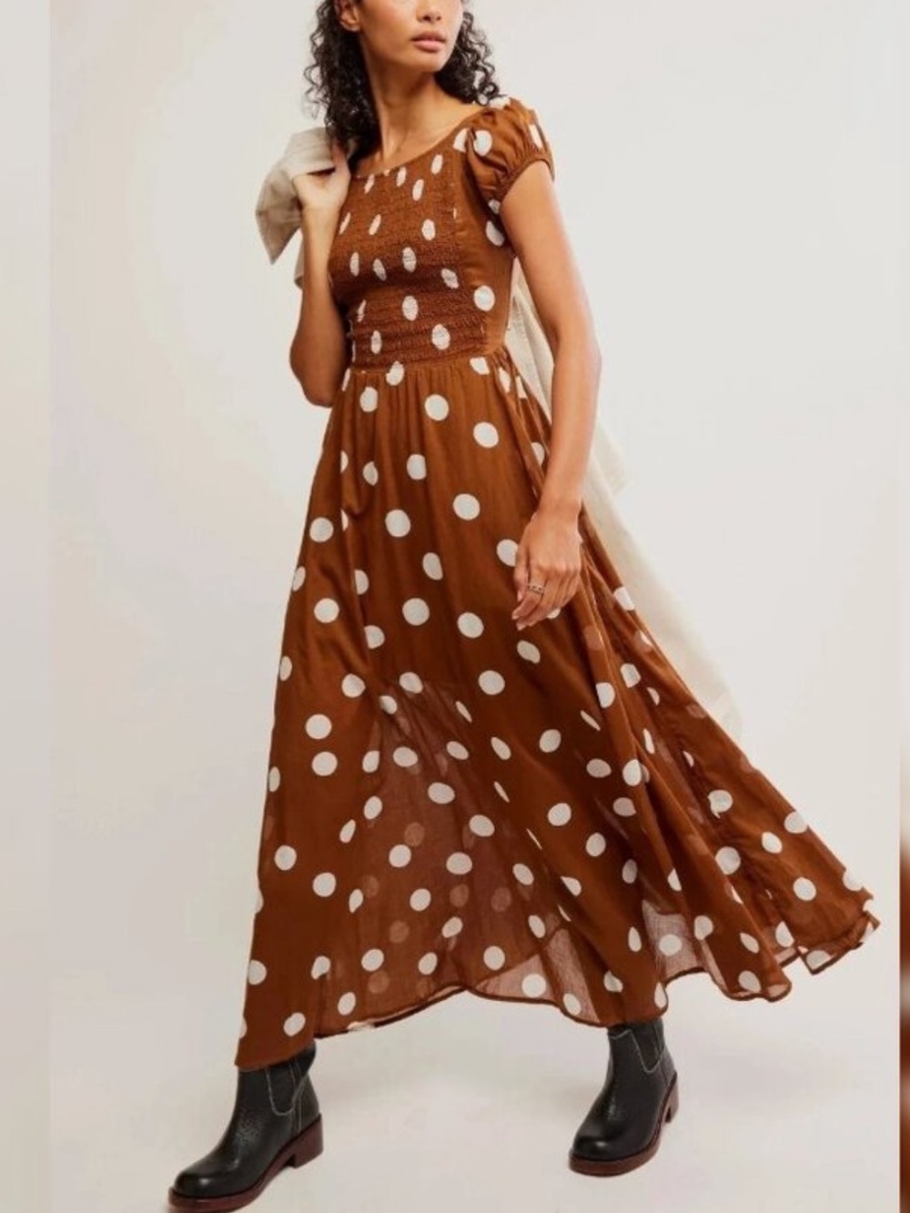 Free People Size S Women’s Brown Polka Dot Maxi Dress - Smocked Bodice. Like New